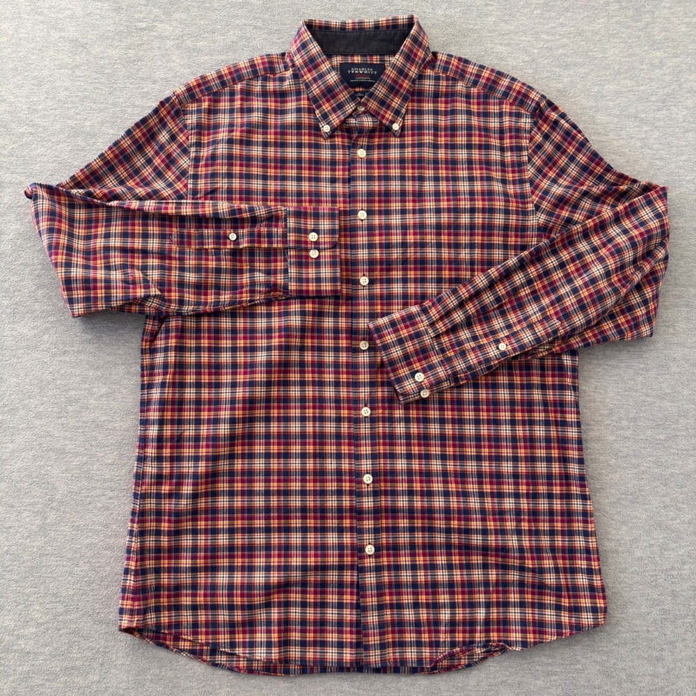 Charles Tyrwhitt Weekend Mens Slim Fit Plaid Button Down Shirt Navy Burgundy L